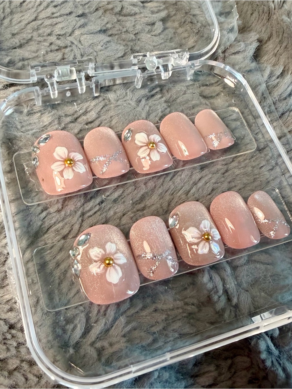 LARGE Pink Floral Press-On Nail Set with Rhinestones